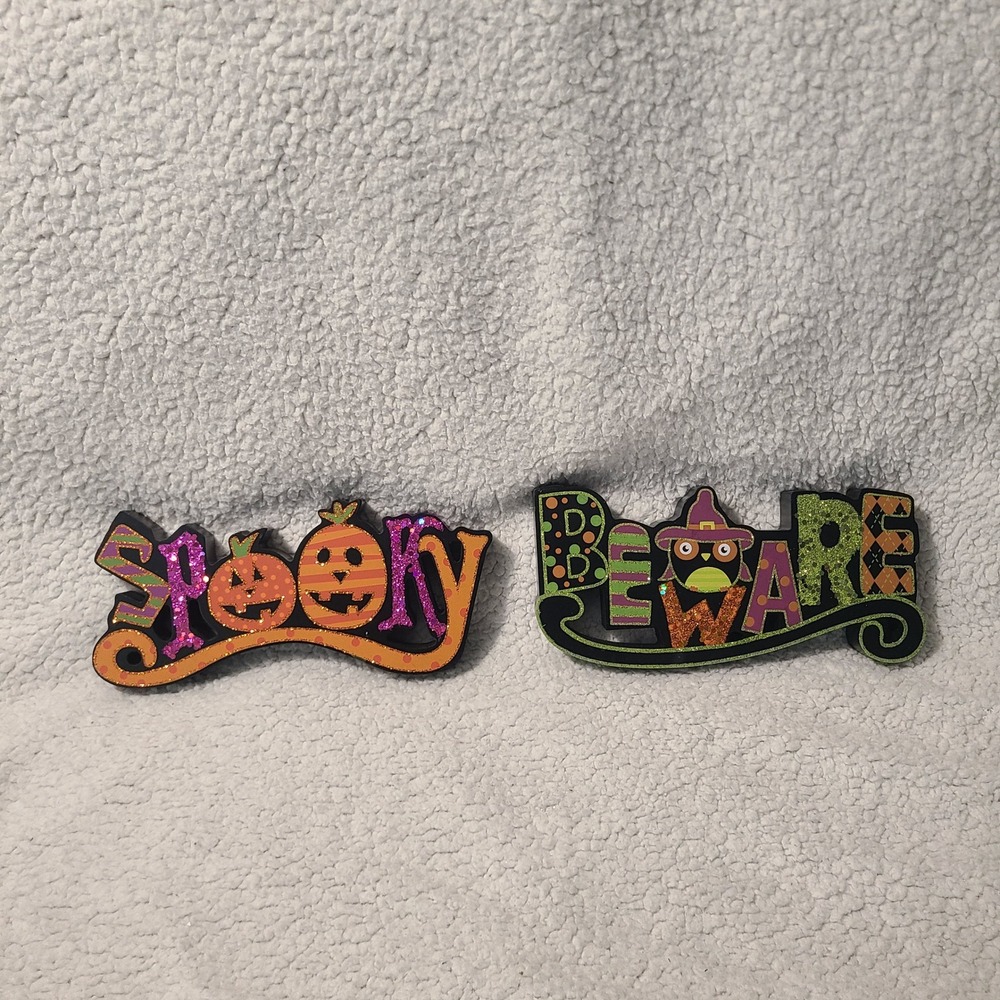 Halloween Glitter Tabletop Decor Set Spooky Jack-O-Lantern & Beware Owl Signs